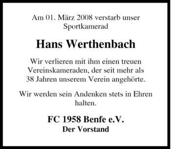 Traueranzeige von Hans Werthenbach von Tageszeitung