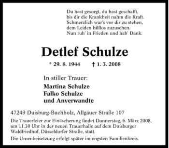 Traueranzeige von Detlef Schulze von Tageszeitung
