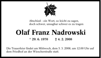 Traueranzeige von Olaf Franz Nadrowski von Tageszeitung