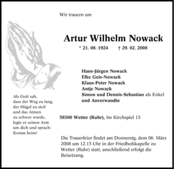 Traueranzeige von Artur Wilhelm Nowack von Tageszeitung