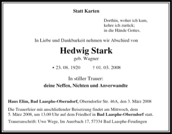 Traueranzeige von Hedwig Stark von Tageszeitung