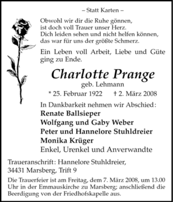 Traueranzeige von Charlotte Prange von Tageszeitung