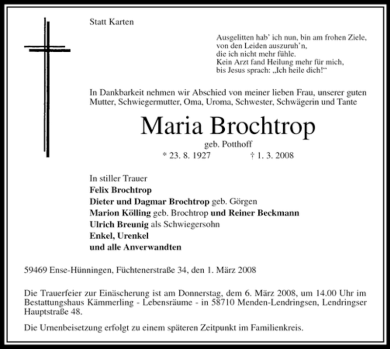  Traueranzeige für Maria Brochtrop vom 04.03.2008 aus Tageszeitung