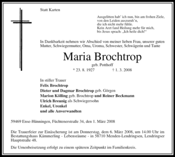 Traueranzeige von Maria Brochtrop von Tageszeitung