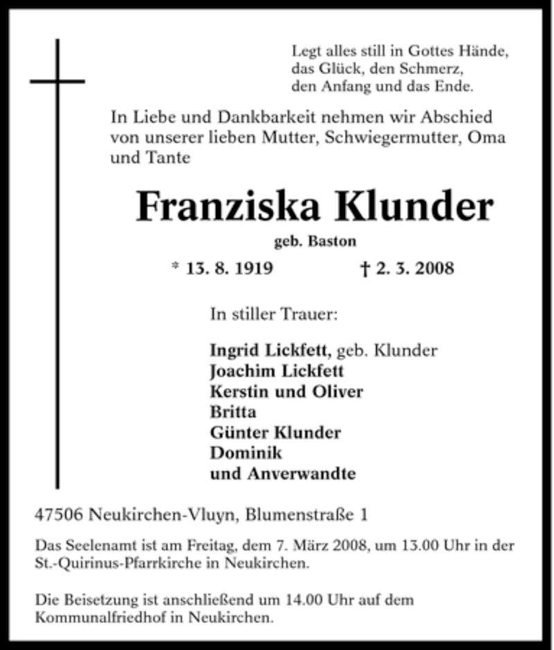  Traueranzeige für Franziska Klunder vom 05.03.2008 aus Tageszeitung