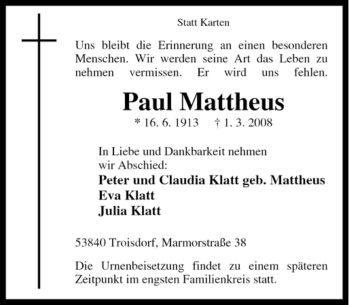 Traueranzeige von Paul Mattheus von Tageszeitung