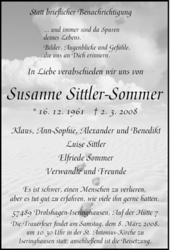 Traueranzeige von Susanne Sittler-Sommer von Tageszeitung
