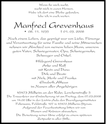 Traueranzeige von Manfred Grevenhaus von Tageszeitung