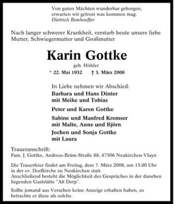 Traueranzeige von Karin Gottke von Tageszeitung
