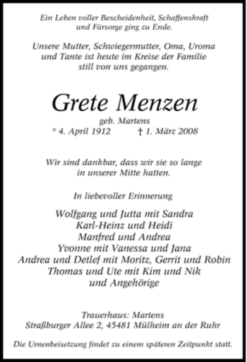 Traueranzeige von Grete Menzen von Tageszeitung
