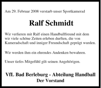 Traueranzeige von Ralf Schmidt von Tageszeitung