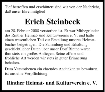 Traueranzeige von Erich Steinbeck von Tageszeitung