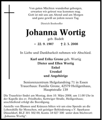 Traueranzeige von Johanna Wortig von Tageszeitung