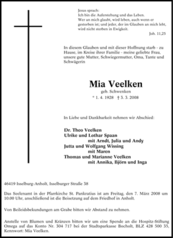 Traueranzeige von Mia Veelken von Tageszeitung