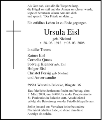 Traueranzeige von Ursula Eisl von Tageszeitung