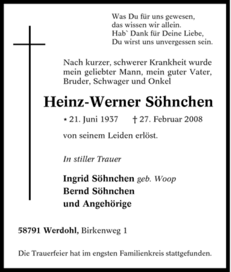  Traueranzeige für Heinz-Werner Söhnchen vom 05.03.2008 aus Tageszeitung