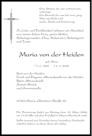 Traueranzeige von Maria von der Heiden von Tageszeitung