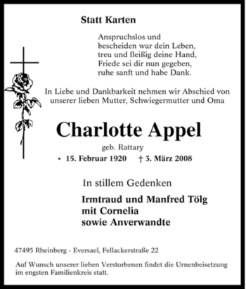 Traueranzeige von Charlotte Appel von Tageszeitung