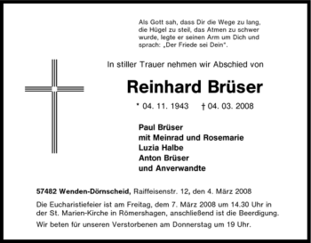Traueranzeige von Reinhard Brüser von Tageszeitung