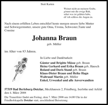 Traueranzeige von Johanna Braun von Tageszeitung