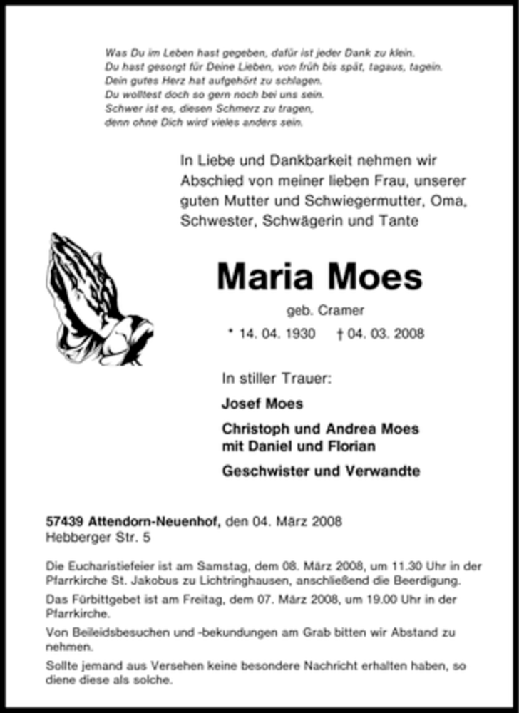  Traueranzeige für Maria Moes vom 05.03.2008 aus Tageszeitung