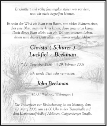 Traueranzeige von Christa Luckfiel-Beekman von Tageszeitung