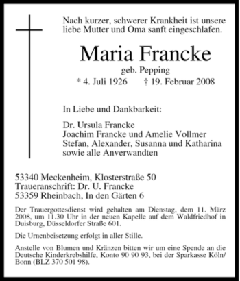 Traueranzeige von Maria Francke von Tageszeitung