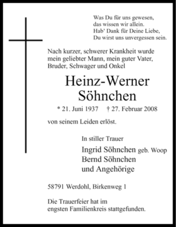 Traueranzeige von Heinz-Werner Söhnchen von Tageszeitung