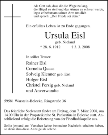 Traueranzeige von Ursula Eisl von Tageszeitung