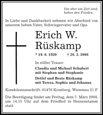 Traueranzeige von Erich W. Rüskamp von Tageszeitung