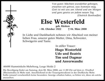 Traueranzeige von Else Westerfeld von Tageszeitung