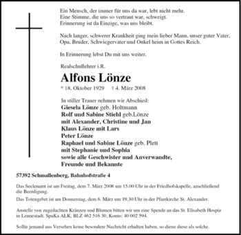 Traueranzeige von Alfons Lönze von Tageszeitung