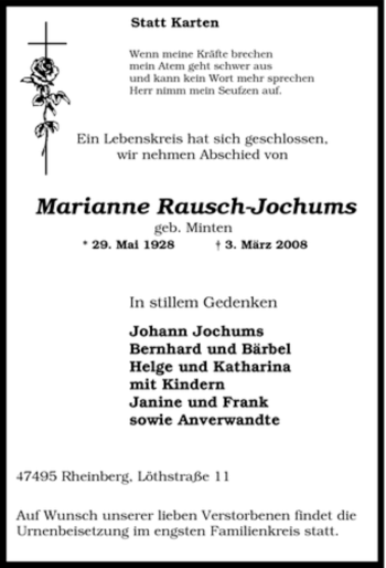 Traueranzeige von Marianne Rausch-Jochums von Tageszeitung
