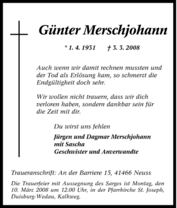 Traueranzeige von Günter Merschjohann von Tageszeitung