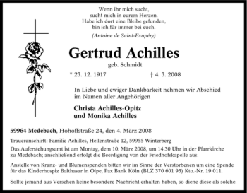 Traueranzeige von Gertrud Achilles von Tageszeitung