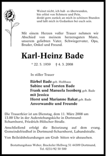 Traueranzeige von Karl-Heinz Bade von Tageszeitung