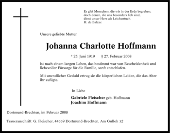Traueranzeige von Johanna Charlotte Hoffmann von Tageszeitung
