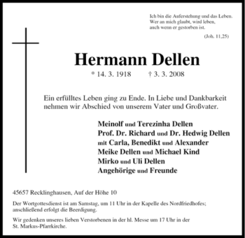 Traueranzeige von Hermann Dellen von Tageszeitung