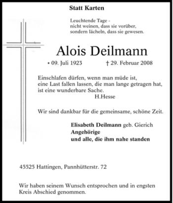 Traueranzeige von Alois Deilmann von Tageszeitung