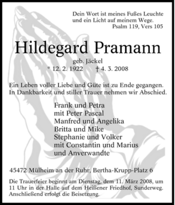 Traueranzeige von Hildegard Pramann von Tageszeitung