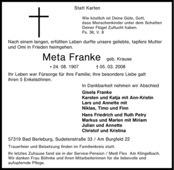 Traueranzeige von Meta Franke von Tageszeitung