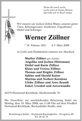Traueranzeige von Werner Zöllner von Tageszeitung