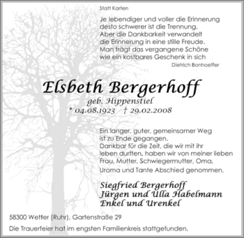 Traueranzeige von Elsbeth Bergerhoff von Tageszeitung