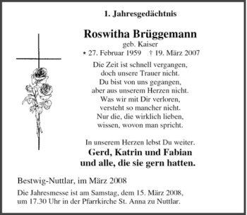 Traueranzeige von Roswitha Brüggemann von Tageszeitung