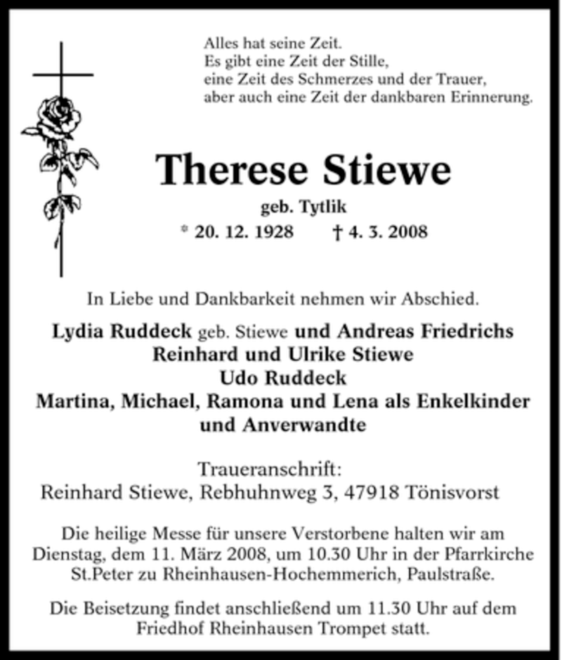  Traueranzeige für Therese Stiewe vom 08.03.2008 aus Tageszeitung
