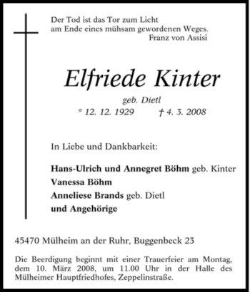 Traueranzeige von Elfriede Kinter von Tageszeitung