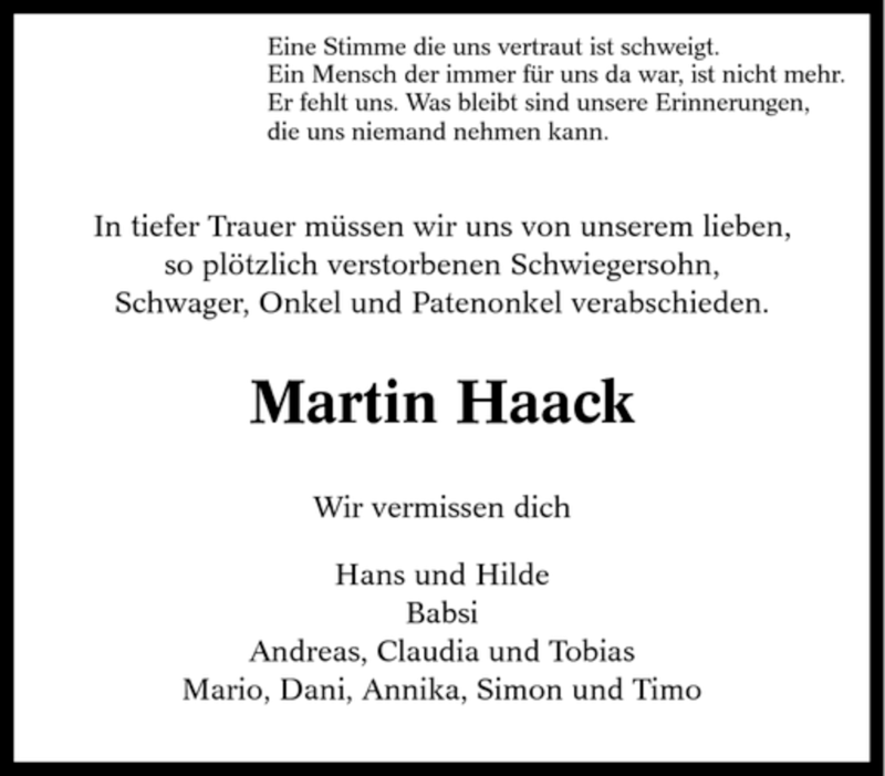  Traueranzeige für Martin Haack vom 08.03.2008 aus Tageszeitung