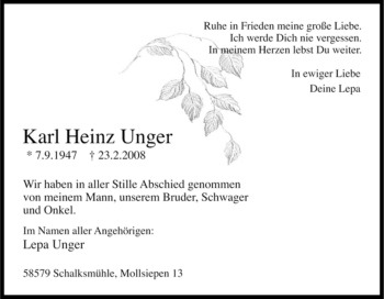 Traueranzeige von Karl Heinz Unger von Tageszeitung