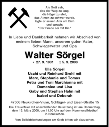 Traueranzeige von Walter Sörgel von Tageszeitung