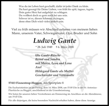 Traueranzeige von Ludwig Gante von Tageszeitung